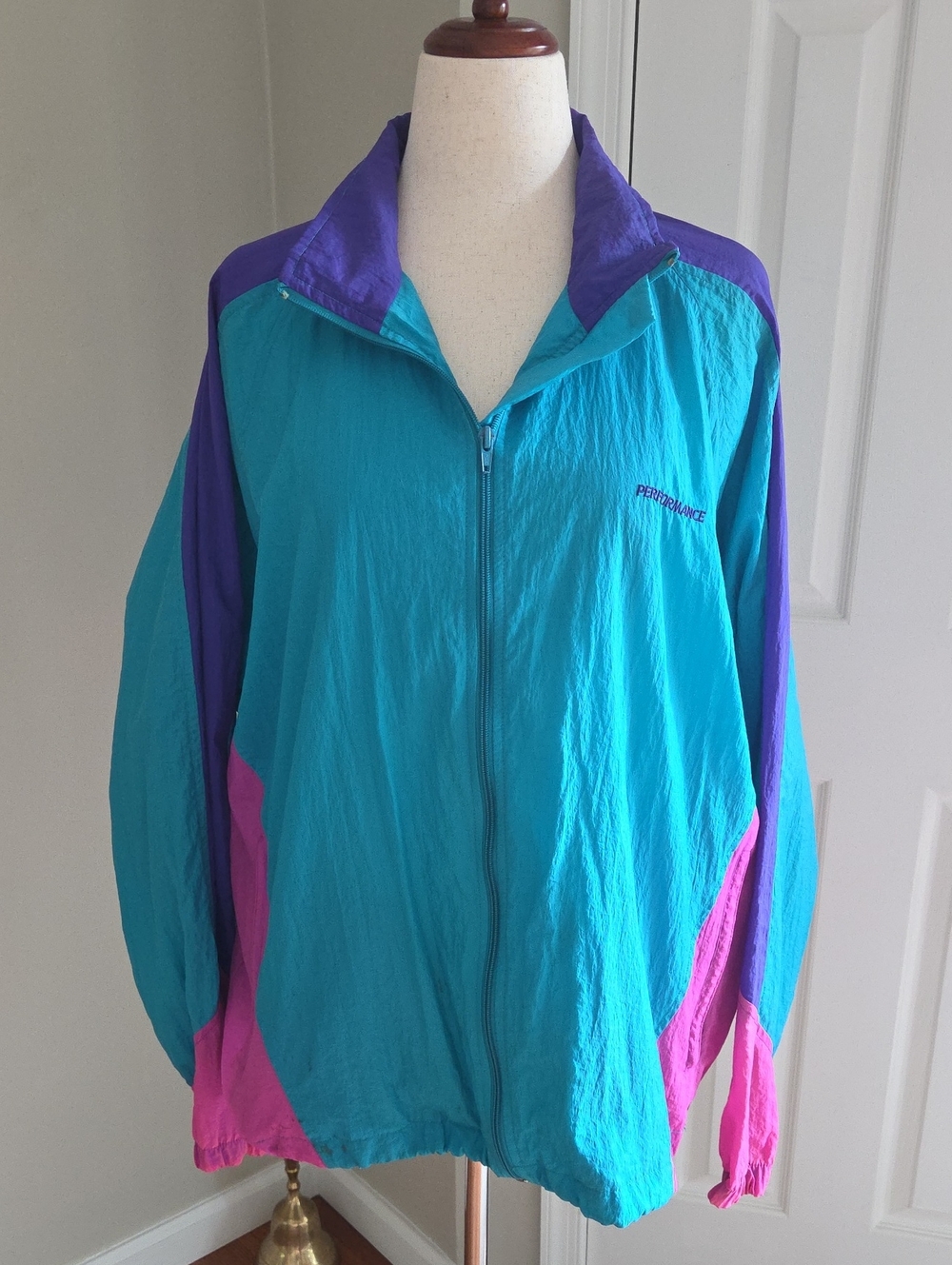 Performance Cycling Windbreaker Jacket XL Vintage 90s Teal Pink Colorblock Retro
